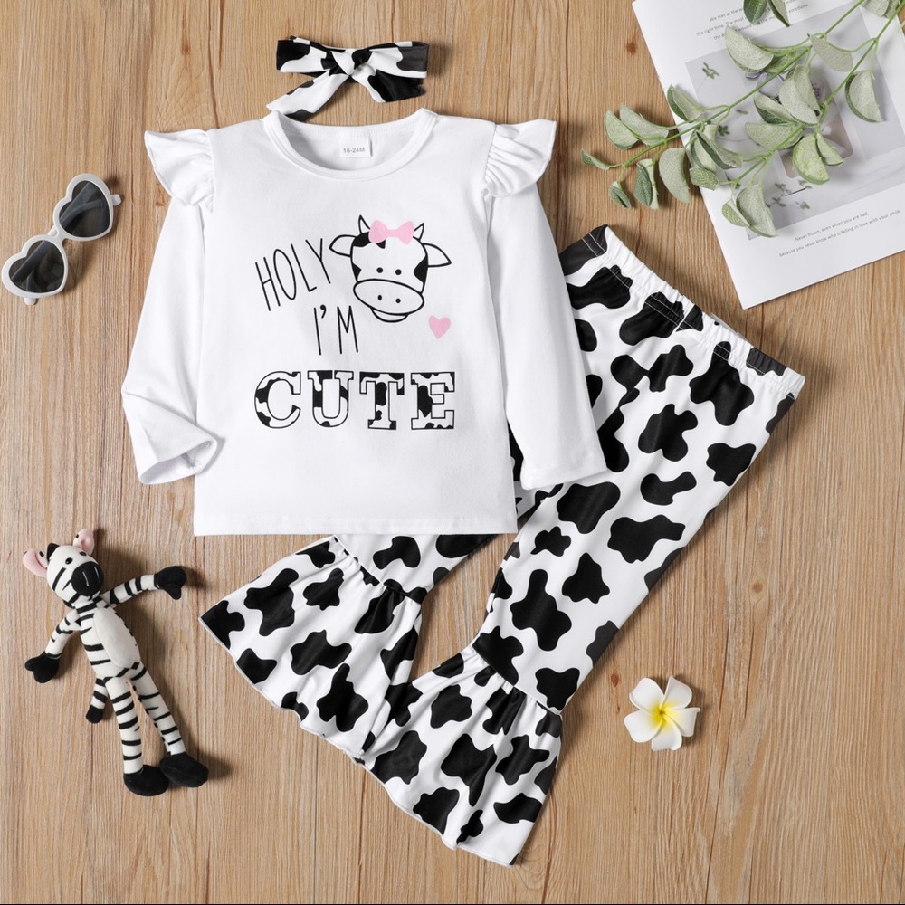 Girls Cow Graphic Top and Printed Flare Leg Pants Set